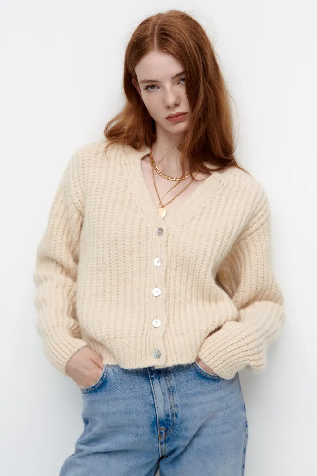

2022 Woman Traf Causal Cardigan Knitted Toops V-neck Soft Sweater Loose Women's Clothing Beige Pull Chic Coats