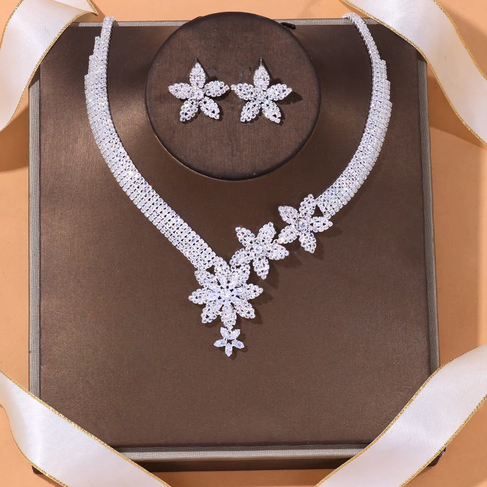 Stonefans Zircon Flowers Necklace and Earrings Set Jewelry for Women 2021 New Fashion Nigeria Rhinestone Party Jewelry Set Gift