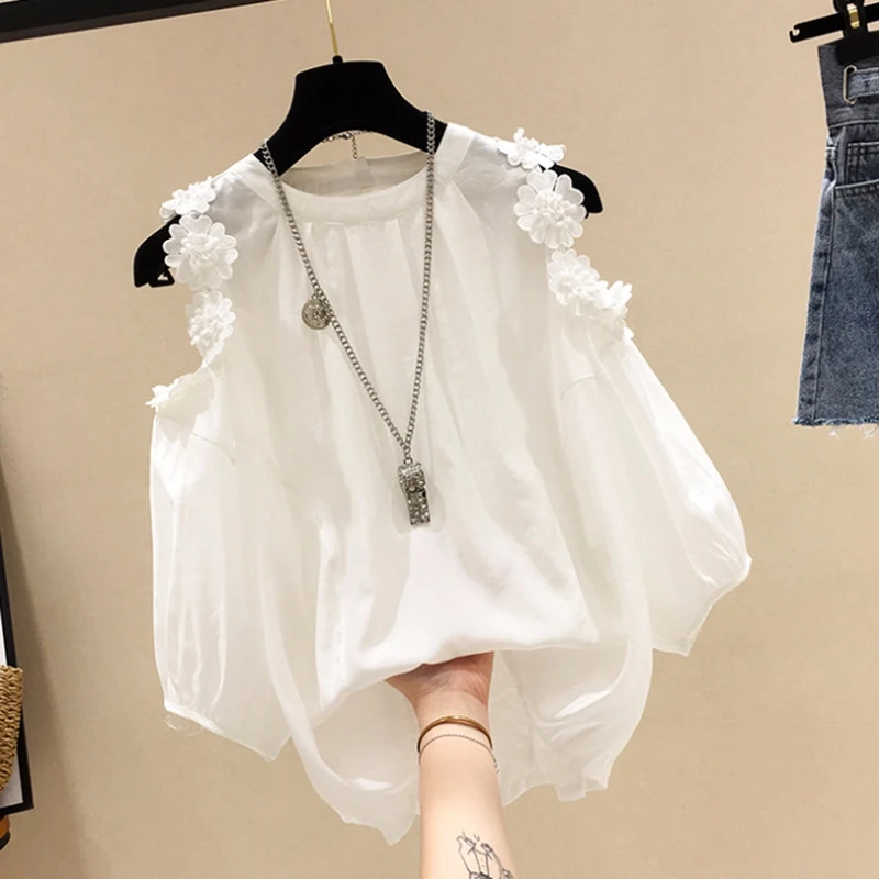

Plus Size Flower Chiffon Shirt Autumn Korean Style Loose Off Shoulder Female Blouse Solid Color