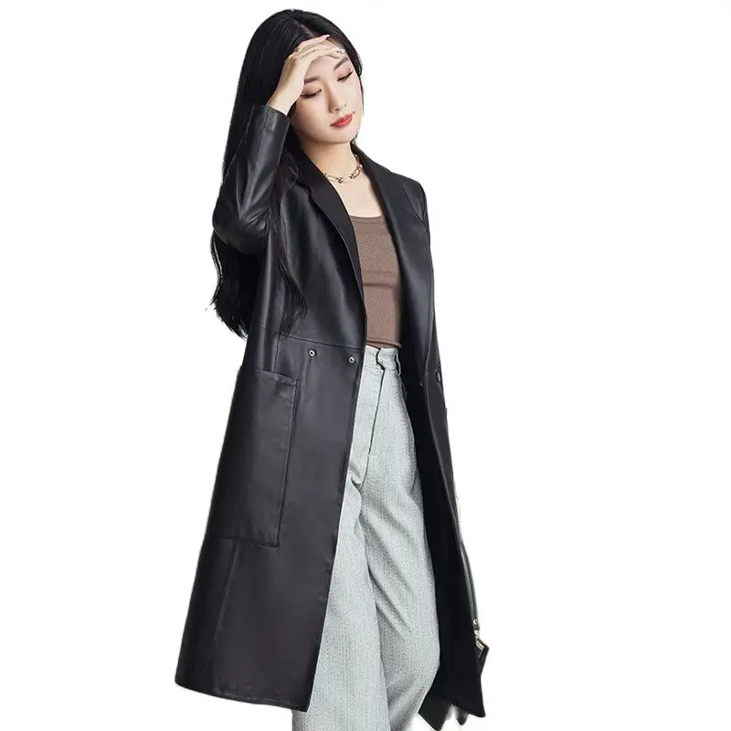 Chaqueta larga informal de piel de oveja auténtica para mujer, traje cortavientos de cuero genuino, de longitud media, con cuello