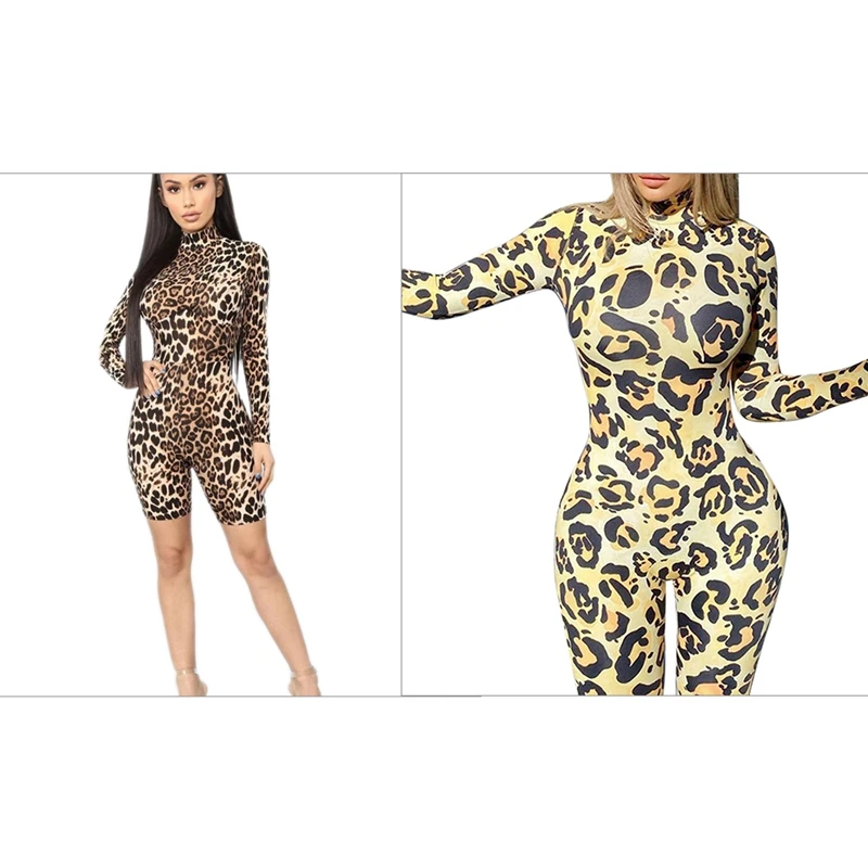 

2 Pcs Long Sleeve Slim Skinny Rompers Short Jumpsuit Leopard Fashion Party Club Bodysuit S, A & B