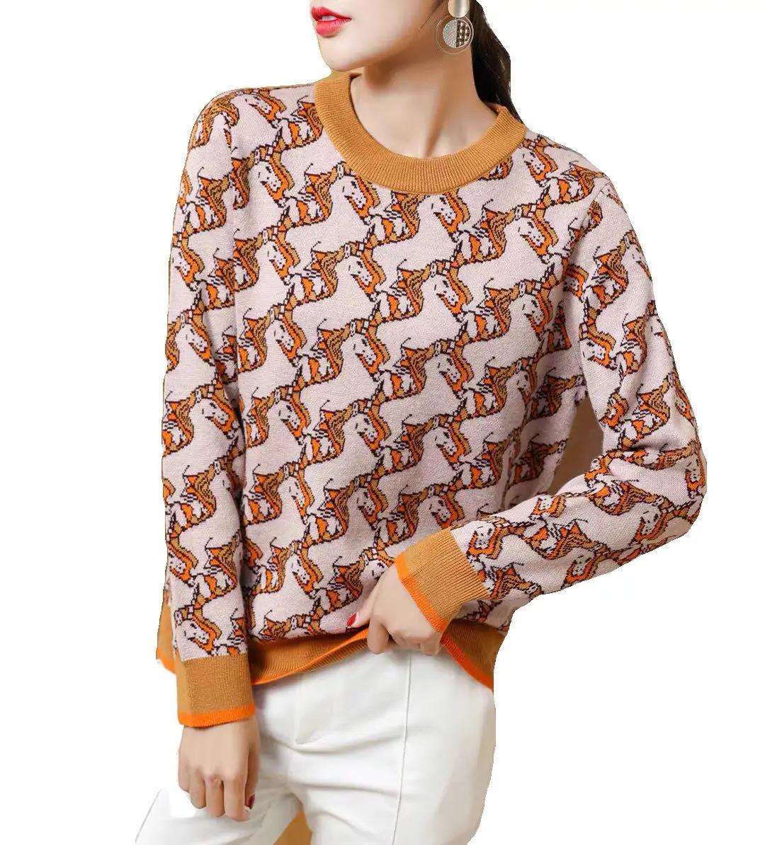 

2021 Spring and Autumn British Style Unicorn Double-Sided Jacquard round Neck Retro Slim Fit Sweater Knitwear for Men and Women