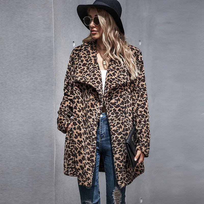 

Women's Woolen Coat Women's Autumn And Winter 2021 New Leopard Print Lapel Long-sleeved Jacket En*