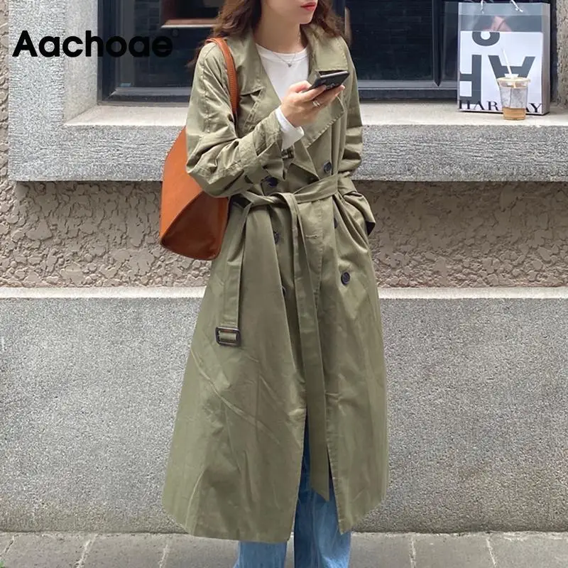 

Aachoae Women Chic Solid Color Long Trench With Blet Turn Dwon Collar Long Sleeve Outerwear Female Fashion Elegant Coat Autumn