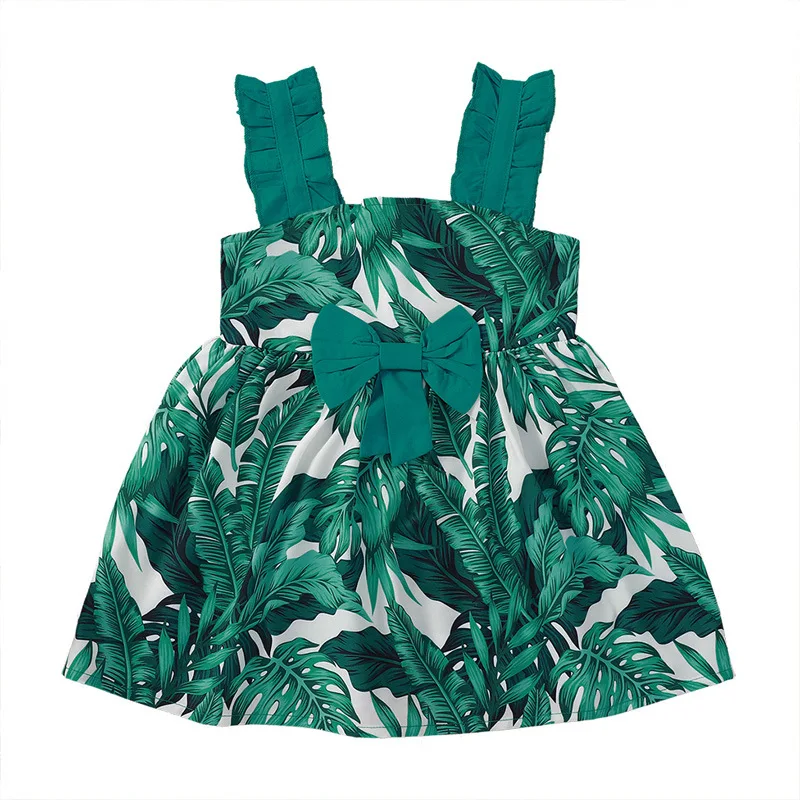 

Summer 2021 New Arrivals Girls Cute Dress Strap Green Bow Print Leaves Cute Girl Streetwear Dress 0-2T