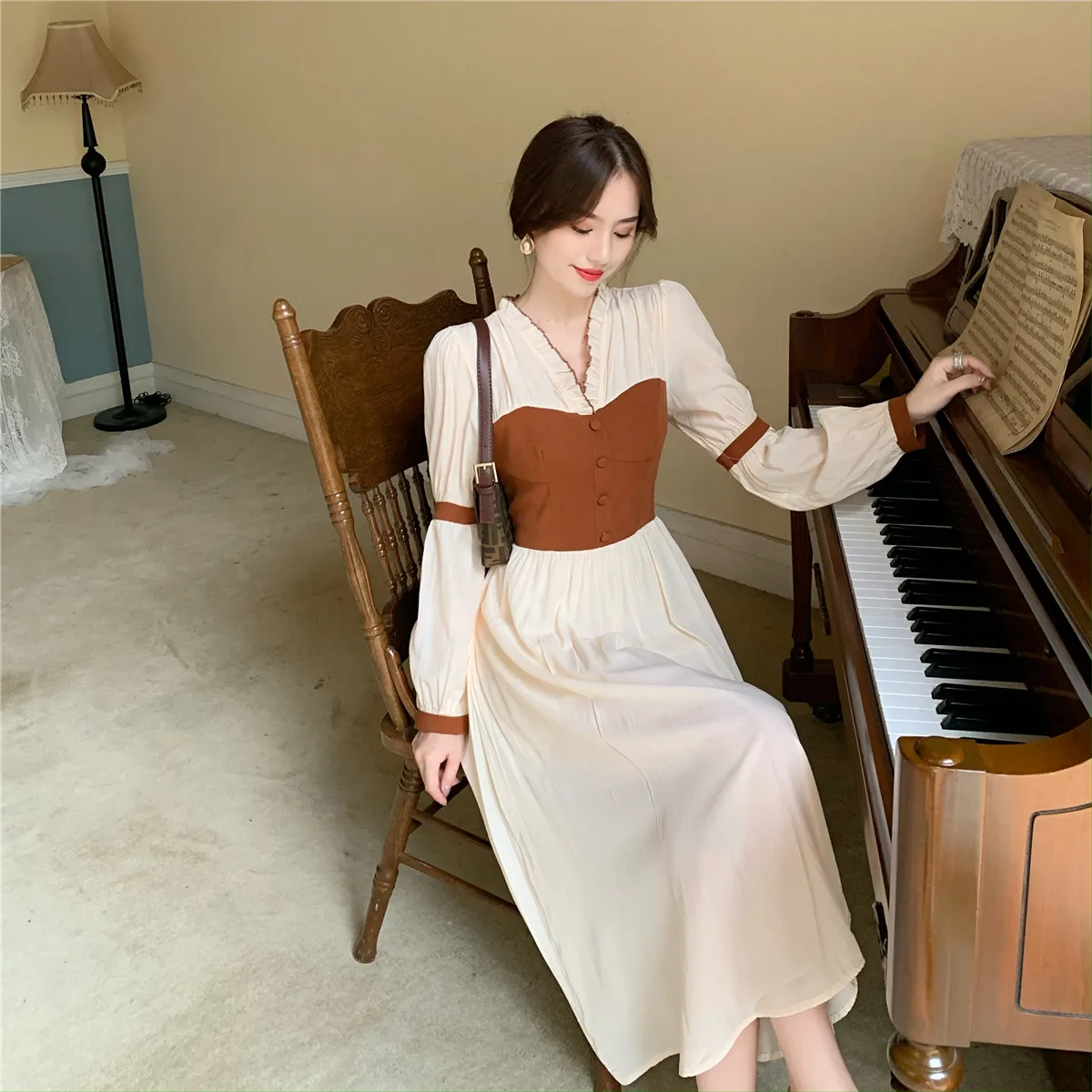 

Frenc Vintage Dress Women Long Sleeve V-neck Chiffon One-piece Dress Korean Evening Party Fairy Elegant Dress Female Autumn