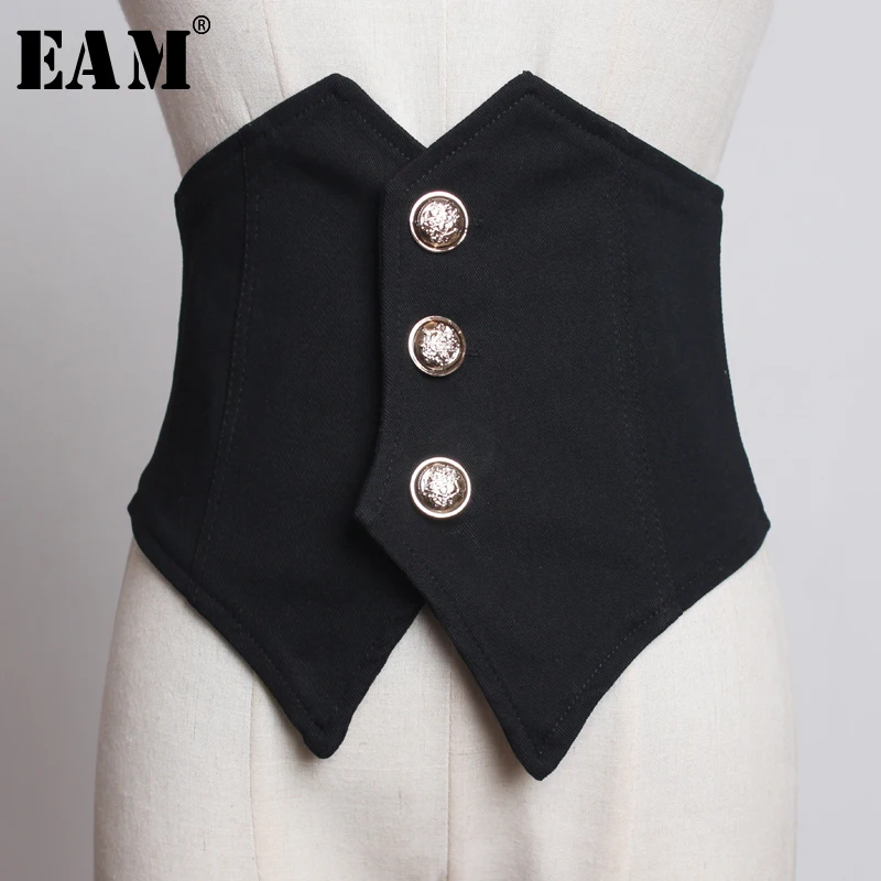 

[EAM] 2023 New Spring Summer Black Loose Button Irregular Split Joint Personality Wide Belt Women Fashion Tide All-match JT454
