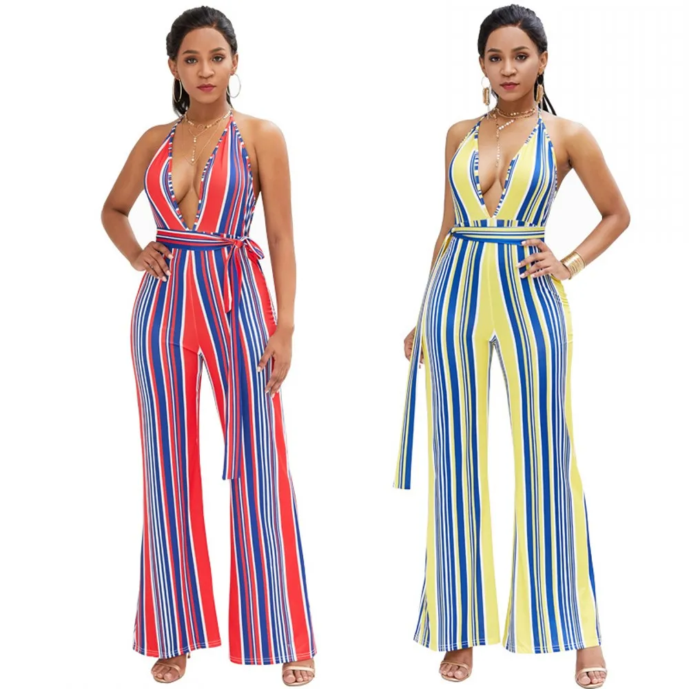 

Women's Fashion Open Back Jumpsuit New Summer 2021Sexy Striped Deep V-neck Suspender Jumpsuit Belt Straight Jumpsuit
