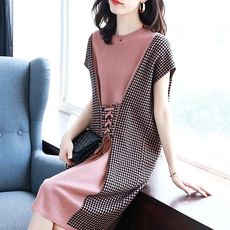 О образный вырез короткий рукав узор в клетку лоскутное вязаное платье для