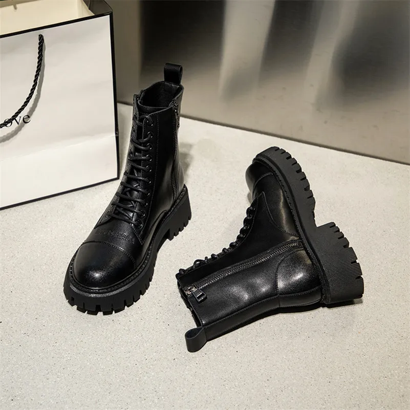 

Meotina Real Leather Platform High Heel Short Boots Women Motorcycle Boots Shoes Thick Heels Zipper Lace Up Ankle Boots Black