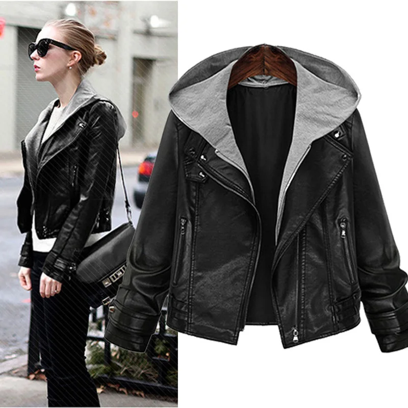 

ZOGAA Fall Cool PU Leather Woman Coat Short Hooded Jackets America Style Fashion Street Wear Black XL-5XL Size Ladies Outwear