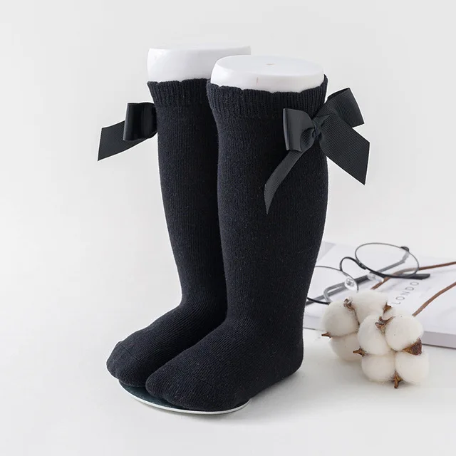 black New Bow Winter Socks Baby Girls Kdis Newborn Socks Knee High Long Tube Socks Sokken Infant Girls Knee Socks High Quality - Цвет: black