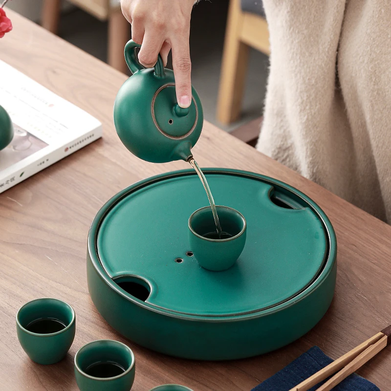 

Water Storage Tea Tray Chinese Kung Fu Round Ceramic Tea Tray Drainage Creative Bandejas De Madera Teaware Tools DI50CP