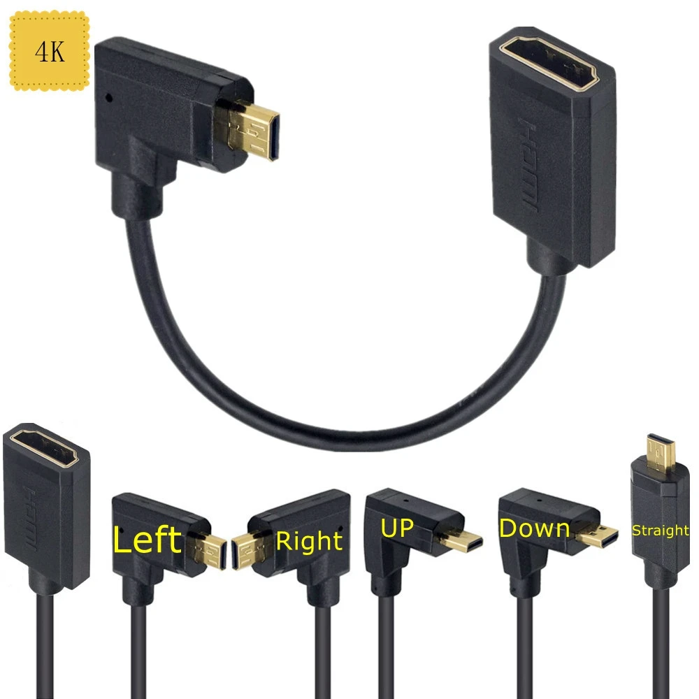 4K Micro HDMI-совместимый Штекер D Type вверх вниз правый левый угловой к разъему A-мама