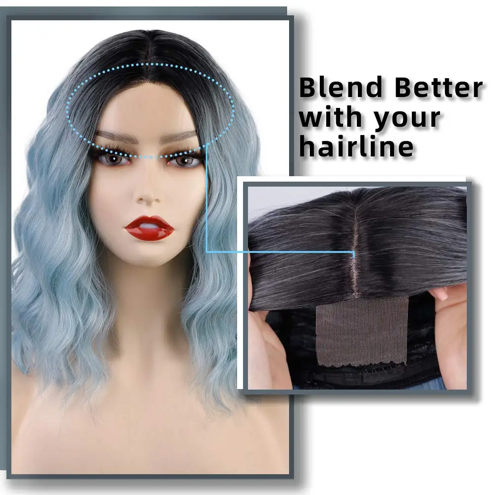 

Short Wavy Bob Wigs for Women Blue Ombre Wig with Black Root Synthetic Short Middle Part Wigs for Cosplay Party Use