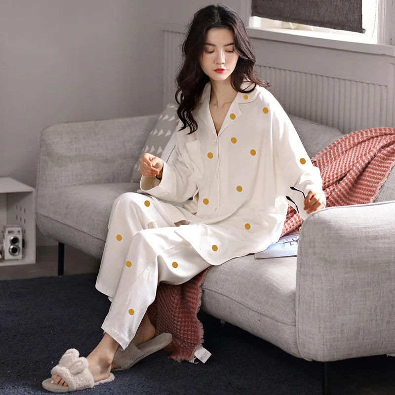 

Pure Cotton Pajamas Women's Spring and Autumn Pijama Invierno Long-sleeved Loose Large Size Polka Dot Printing Women Pajama Set