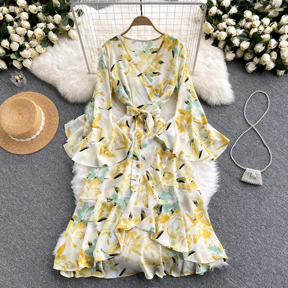 

Autumn Women Yellow/Blue/Red Printed Floral Chiffon Dress Vintage V-Neck Flare Long Sleeve High Waist Ruffle Vestidos Female New