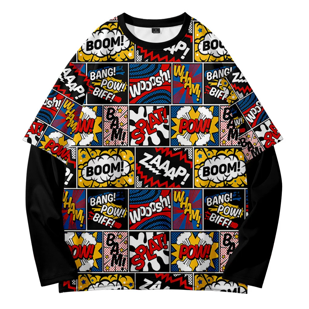 

Hand-painted plaid stitching retro trend street shooting summer casual fake two-piece round neck sweater