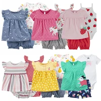 3 pieces cotton girls clothing newborn baby girl set summer infant baby short sleeve cartoon sets floral dressbodysuitpants