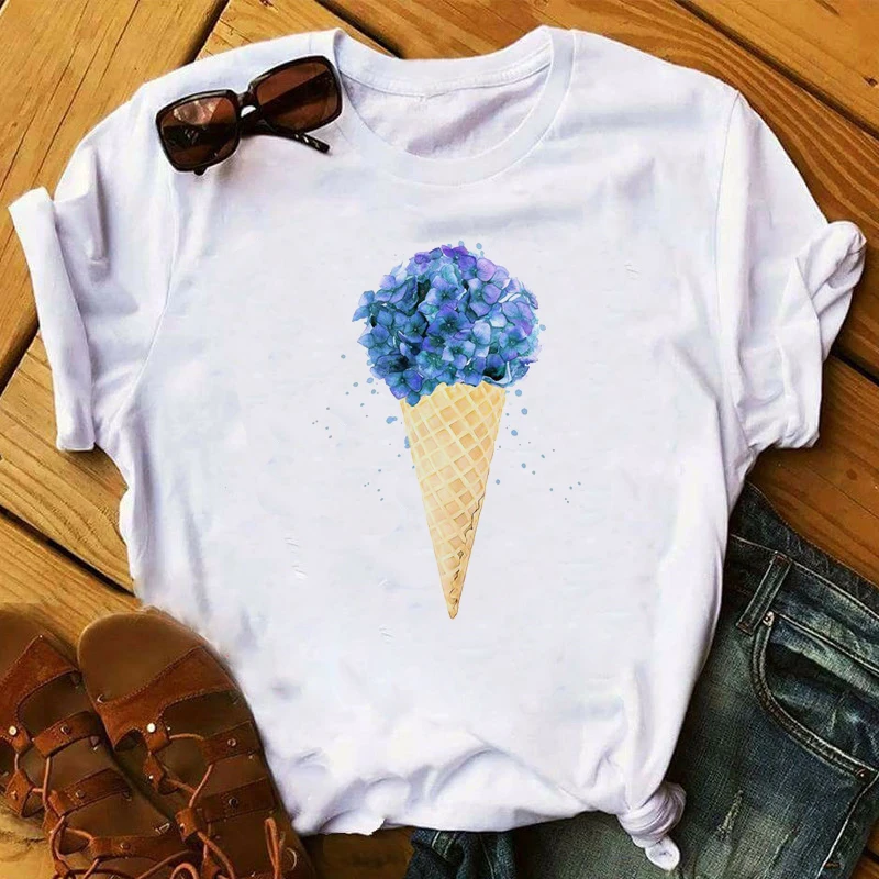 Женская рубашка женская летняя футболка с принтом мороженого и цветов футболки