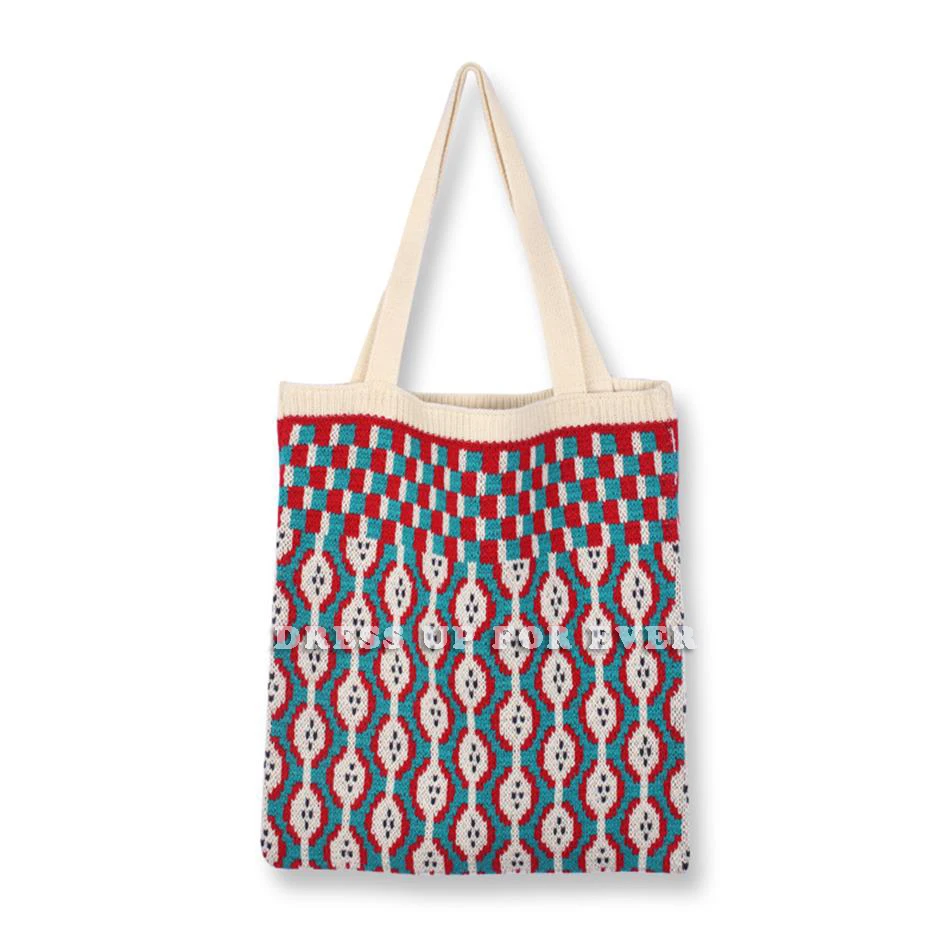 

Шерстяные вязаные жаккардовые плетеные сумки в клетку, винтажный богемный женский вместительный мягкий тоут, женский кошелек, сумка через ...