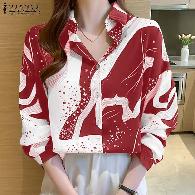 

Elegant Long Sleeve OL Blouse ZANZEA Women Fashion Scarf Floral Printed Shirt Spring Lapel Neck Buttons Down Tops Oversized
