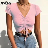 aproms sexy v neck cropped tank tops women drawstring tie up front camis candy colors streetwear slim fit ribbed crop top 2021