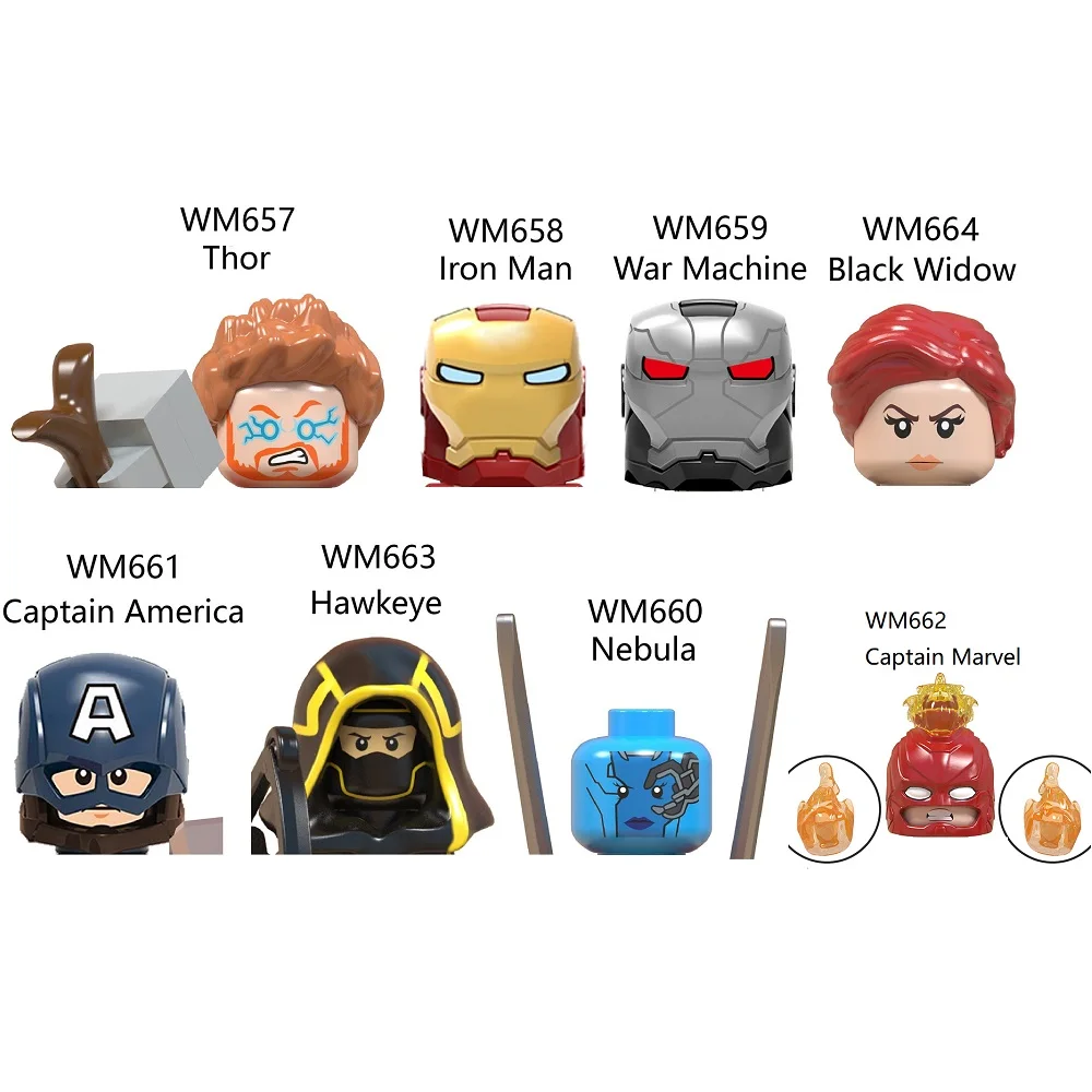 Мини-фигурки супергероев Тор, Железный Человек, Боевая Машина, Черная Вдова, Хокай, Небула, Капитан Марвел и Америка Блокс.