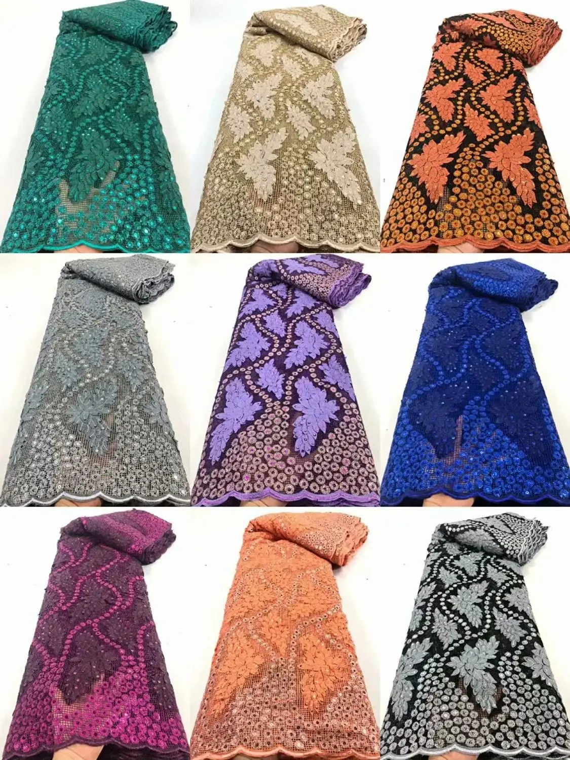 

Nine Colors Applique Sequins Lace Fabric Quality African Lace Tulle Net Fabric For Garment Dress