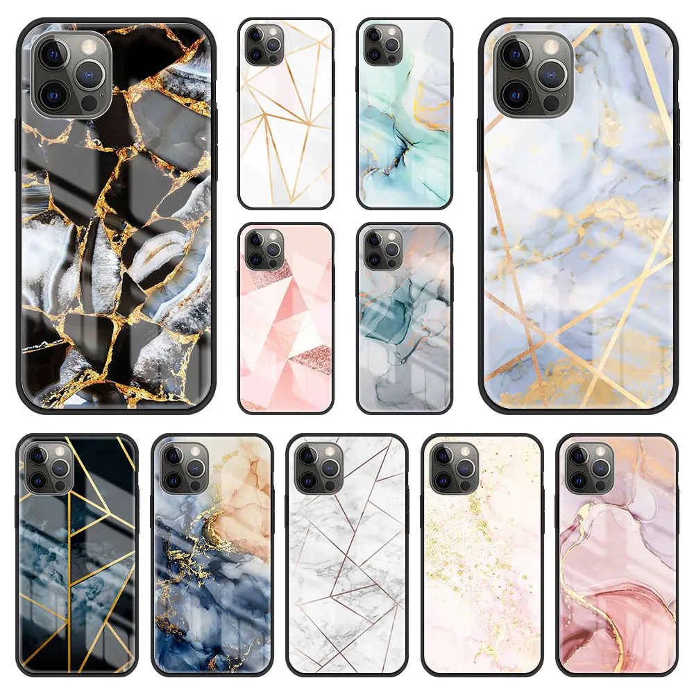 

Glass Case for iPhone 11 12 Pro Max 7 8 Plus XR X XS SE 2020 6 6S Phone Cover 12Mini 7Plus Funda Shell Marble Line Art Coque Sac