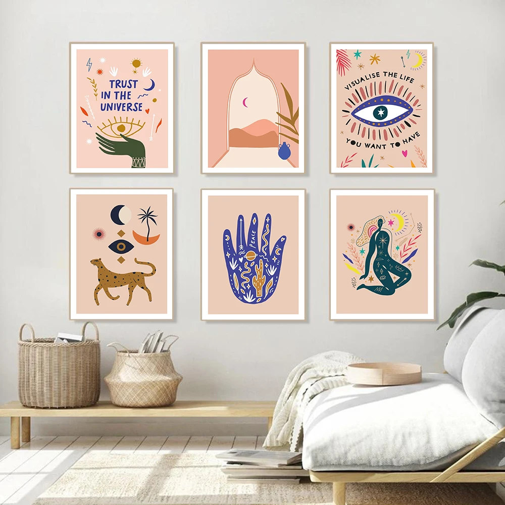 

Boho Wall Art Fortune Lady Dreaming Leopard Sun Moon Eye Poster Canvas Painting Abstract Gift Picture for Living Room Home Decor