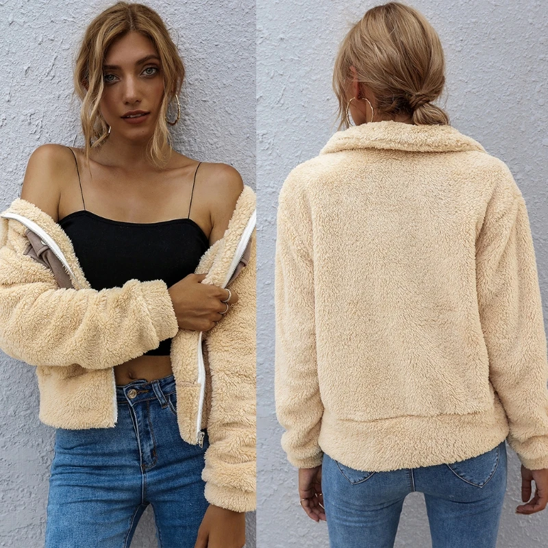 

Women Winter Warm Plush Coat Long Sleeve Thick Zipper Jacket Casual Lapel Solid Color Loose Tops Outwear