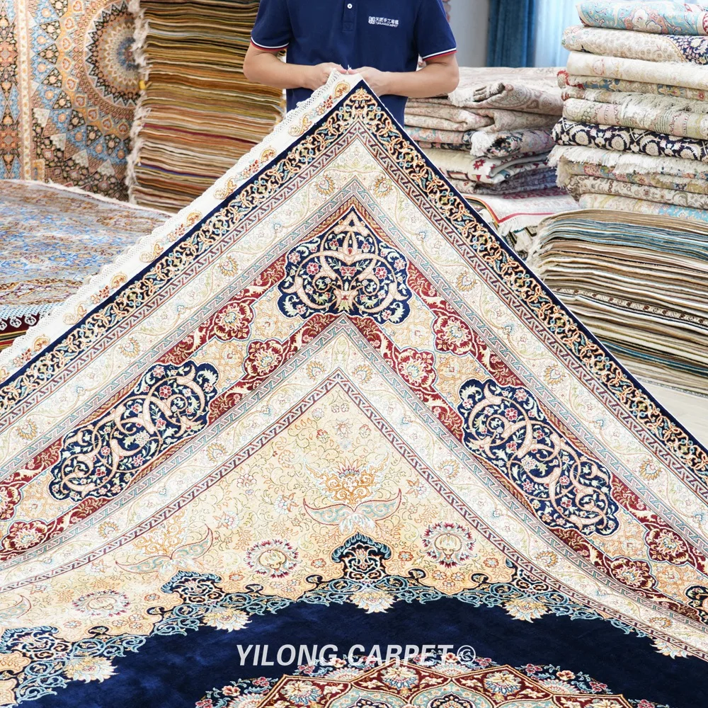 Yilong 9 'x 12 1' Qum Шелковый коврик большой синий персидский шелковый ковер ручной