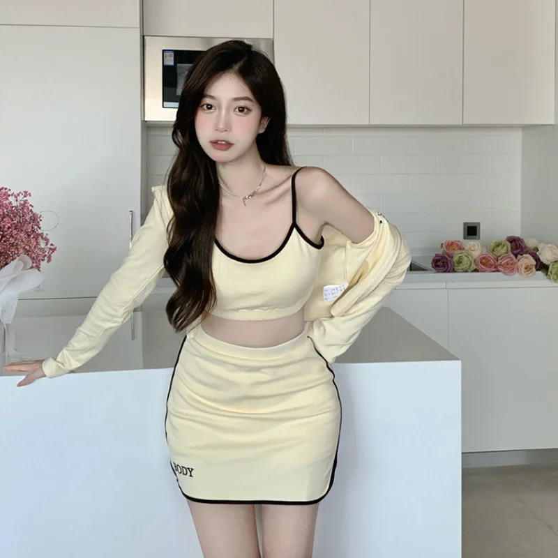 

College style Sports and leisure suit women's summer 2021 new camisole hooded jacket high waist skirt 3-piece Sweet sportswear