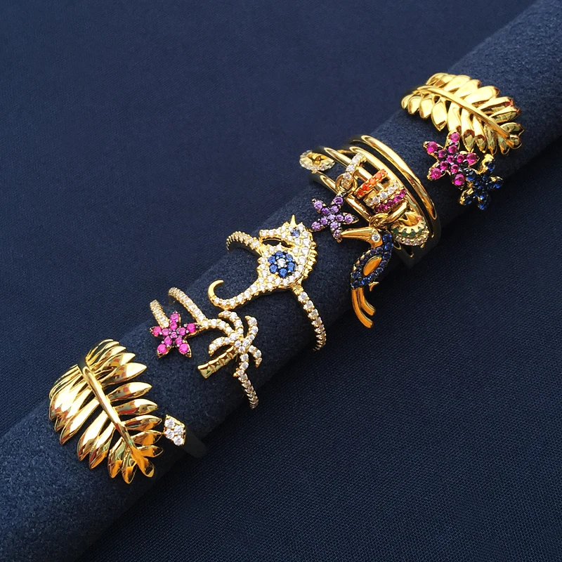 

S925 Sterling Silver June new golden yellow color palm leaf bird flower coconut tree seahorse women's Ring New Year gift