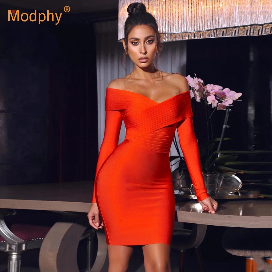 

2022 Autumn Winter Women Off Shouler Red Bodycon Bandage Dress Sexy Long Sleeve Mini Sheath Club Celebrity Runway Party Dresses