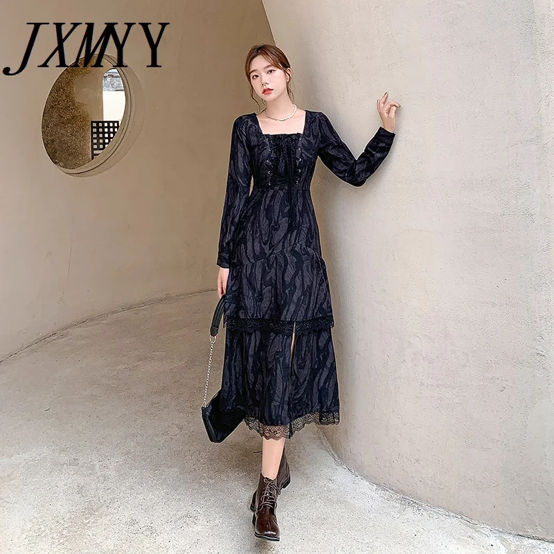 JXMYY Elegant Temperament Dress 2021 Fashion New Female Tie-Dye With Lace Little Black Cold Wind High-End Long Skirt | Женская одежда
