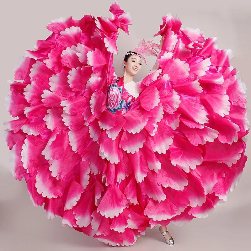 

2020 New Opening Dance Petal Big Swing Skirt Women's Flamenco Costumes Adult Chorus Robe Ballroom Performance Long Dress DL6135