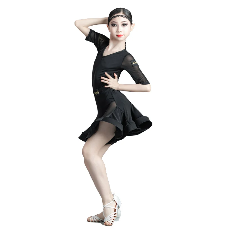 

Children 2-Pcs Cute Girls Mid Sleeve Ballroom Dance Latin Dance Dress New Skirt And Top Performance Practice Clothes 2021 Spring