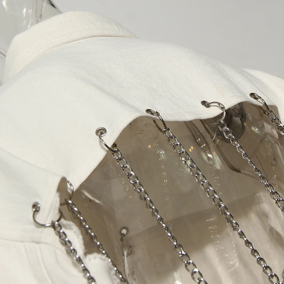 

2021 Spring New Women'S Black White Light Blue Patchwork Chain Tassel Lapel Long Sleeve High Street Casual Jacket Denim Jacket