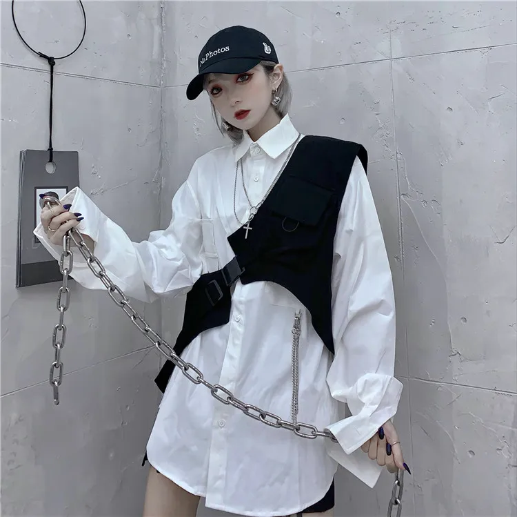 Женский костюм двойка с цепочкой свободная рубашка уникальным дизайном и модная