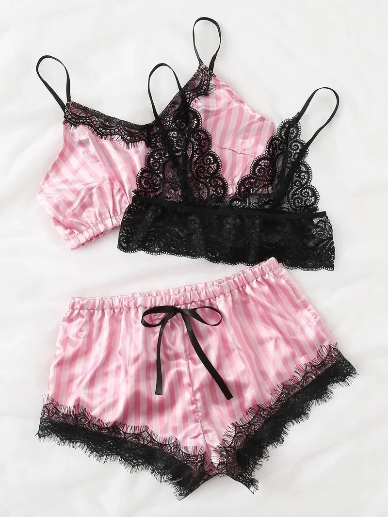 

Пижамный комплект Женский из 3 предметов, пикантный кружевной Бралетт, шорты, банный халат, ночная рубашка, одежда для сна, атласные пижамы д...