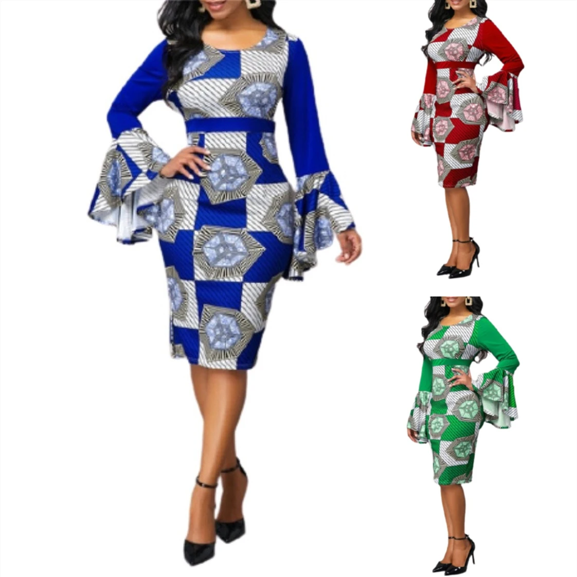 

5XL Women Dress African Clothes OL Outfit Slim Fashion Floral Print Africa Dresses Kanga Clothing Full Flared Sleeve Plus Size