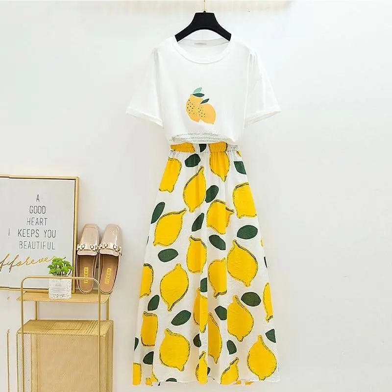 Yellow set Комплект из двух предметов, спортивный костюм, летняя консервативная хлопковая зеленая короткая футболка+ зеленая длинная юбка, комплекты для женщин, модные юбки, костюмы, большие размеры - Цвет: Yellow set