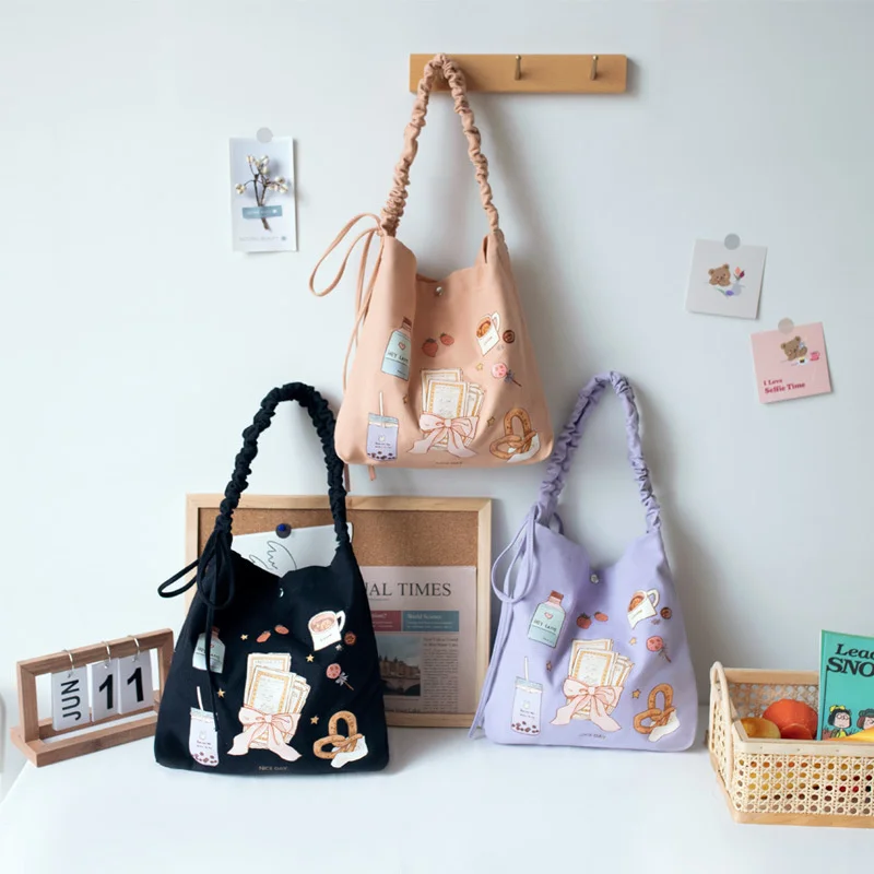 

Женские холщовые сумки на плечо в японском стиле, милые модные дамские сумочки для девушек, плиссированная сумка-шоппер с бантом и мультипл...