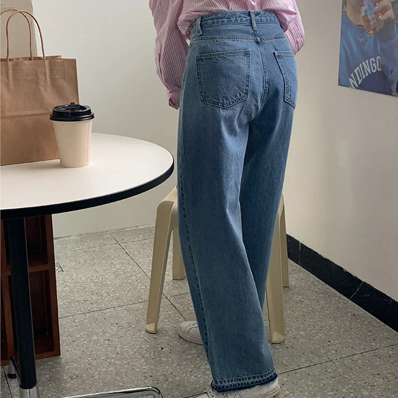 

Spring and Autumn Women's Casual Solid Color High Waist Loose Straight Jeans