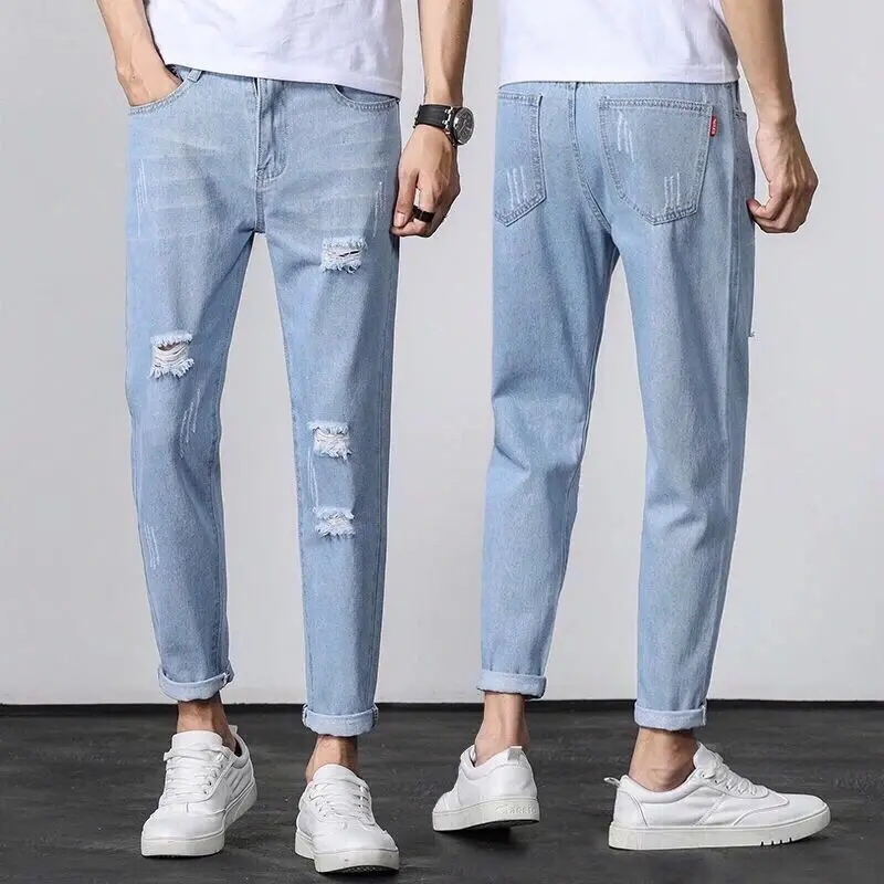 Ripped jeans with summer men's Harlan feet light color loose trend elastic waist jogger pant hip hop Straight jeans for men blue