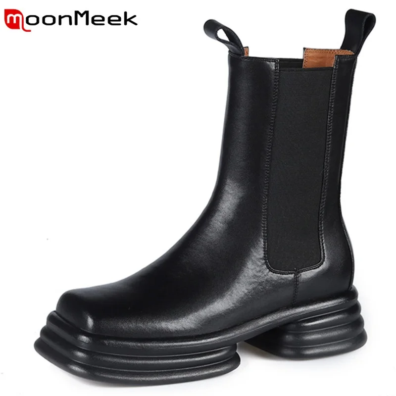 

MoonMeek 2022 Cowhide Leather Boots Platform Thick Heels Ankle Boots Elastic Band Hand Made Women Winter Shoes Chelsea Boots