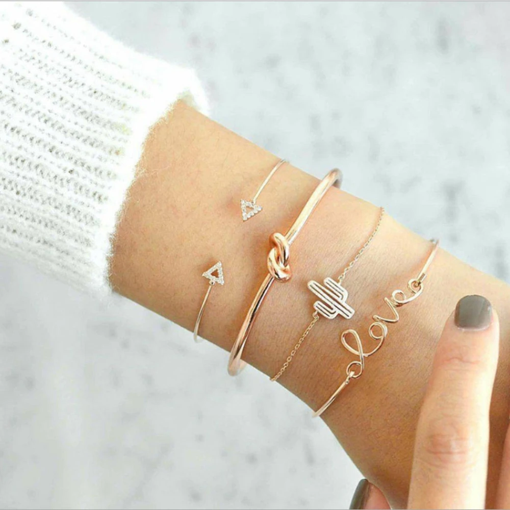

4PCS/Set Cactus Opening Rhinestones Bracelet Triangle Knotted Tie LOVE Bracelets Bangles Women Jewelry
