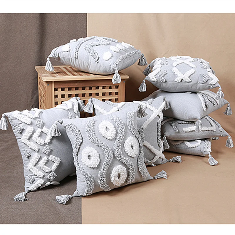 

Grey Geometric Embroidery Cushion Cover Tassels Home Decor Tufted Pillow Cover 45x45cm Sofa PillowCase Pillow Sham